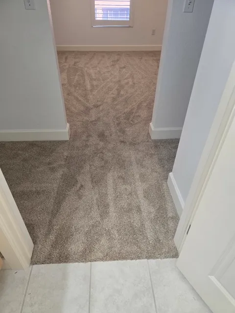 Fresh carpet hallway meeting tile at a doorway