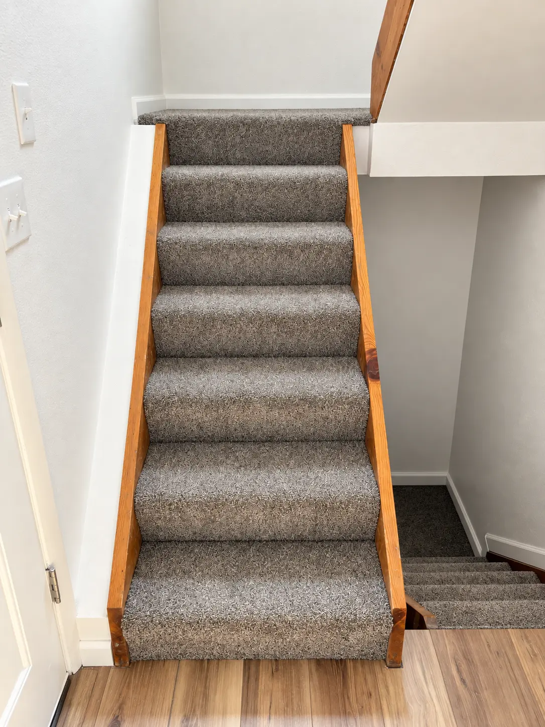 Gray carpeted basement staircase
