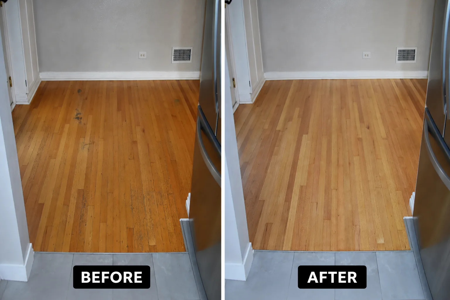 Worn hardwood floor before and after a full refinish