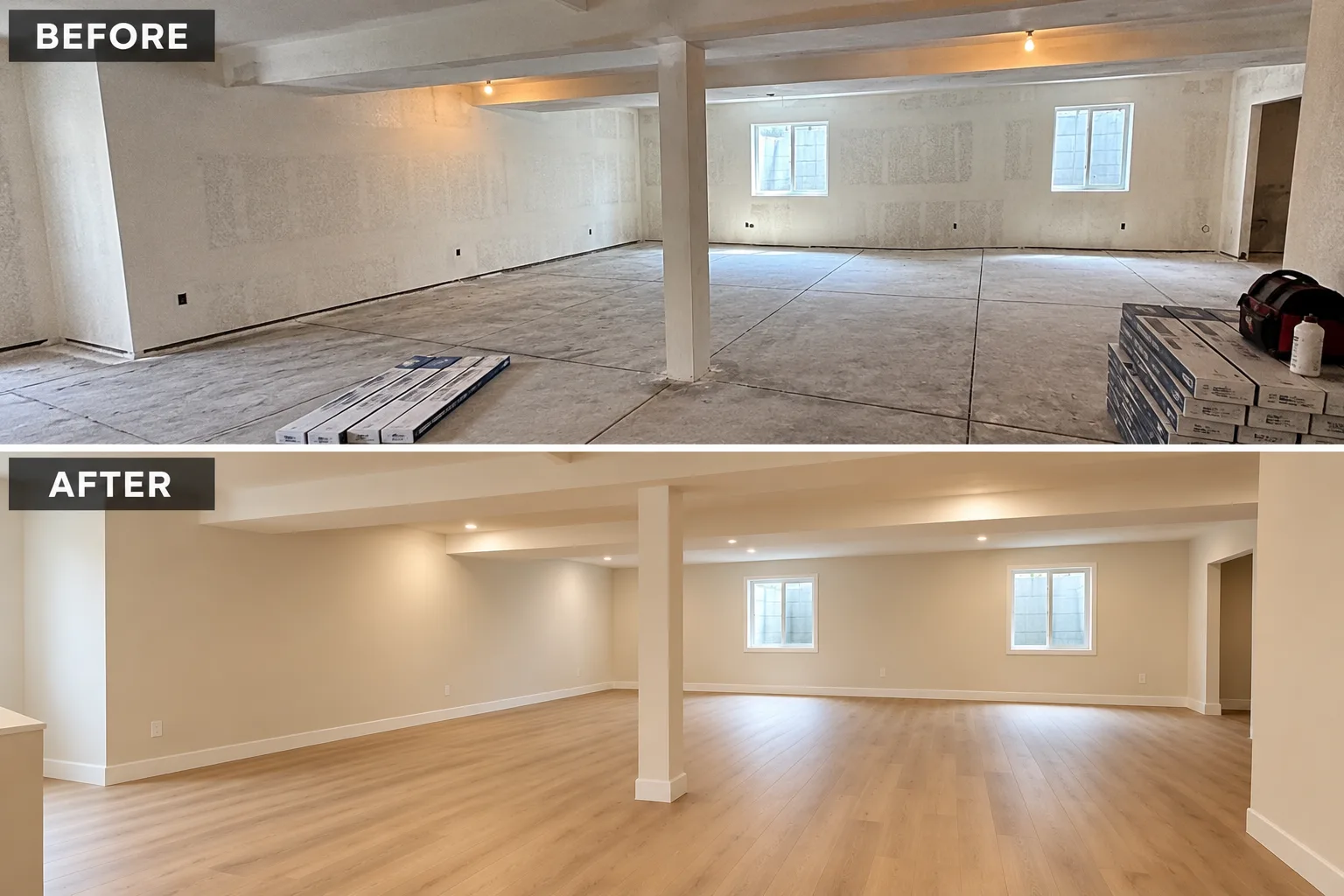 Basement before and after new light oak luxury vinyl plank