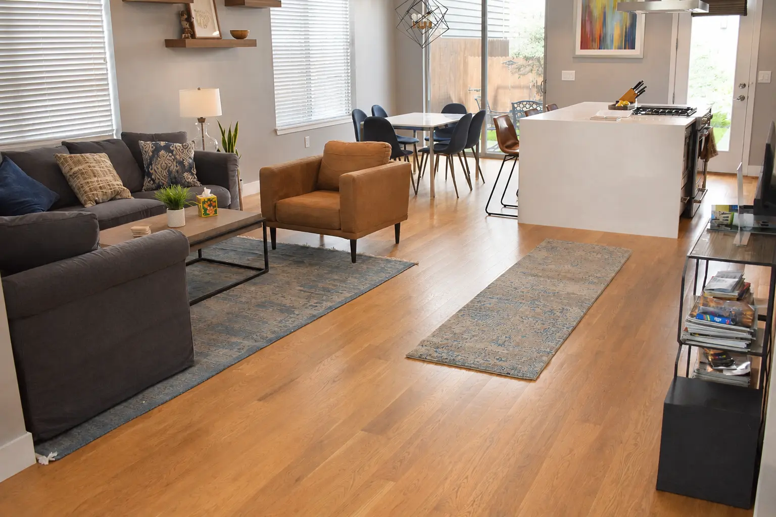 Oak hardwood floor in a bright living room